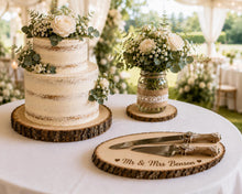Load image into Gallery viewer, Personalised Wedding Cake Knife Holder, Engraved Log Slice, Rustic Cake Cutting Set Display, Wooden Wedding Keepsake