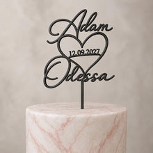 Load image into Gallery viewer, Personalised Couples names Cake Topper with date , Heart Wedding Cake Toppers for Wedding, Rustic Wedding Cake Topper, Custom Cake Decor