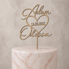 Load image into Gallery viewer, Personalised Couples names Cake Topper with date , Heart Wedding Cake Toppers for Wedding, Rustic Wedding Cake Topper, Custom Cake Decor