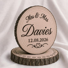 Load image into Gallery viewer, Personalised Rustic wood slice Cake Topper / Keepsake wood log Keepsake