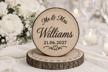 Load image into Gallery viewer, Personalised Rustic wood slice Cake Topper / Keepsake wood log Keepsake