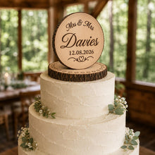 Load image into Gallery viewer, Personalised Rustic wood slice Cake Topper / Keepsake wood log Keepsake