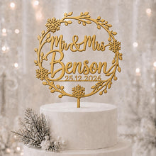 Load image into Gallery viewer, Personalised Wooden Winter Wedding Cake Topper – Rustic Snowflake Mr & Mrs Design, Custom Wedding Cake Topper