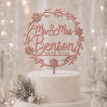 Load image into Gallery viewer, Personalised Wooden Winter Wedding Cake Topper – Rustic Snowflake Mr & Mrs Design, Custom Wedding Cake Topper