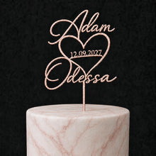 Load image into Gallery viewer, Personalised Couples names Cake Topper with date , Heart Wedding Cake Toppers for Wedding, Rustic Wedding Cake Topper, Custom Cake Decor