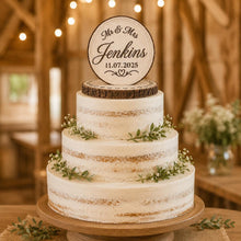 Load image into Gallery viewer, Personalised Rustic wood slice Cake Topper / Keepsake wood log Keepsake