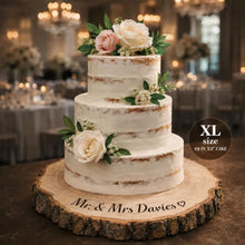 Load image into Gallery viewer, Personalised log Slice Cake Stand, XXL size- Engraved Rustic wooden Wedding Display stand, Personalized Engraved log, Boho Dessert Board