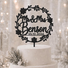 Load image into Gallery viewer, Personalised Wooden Winter Wedding Cake Topper – Rustic Snowflake Mr & Mrs Design, Custom Wedding Cake Topper