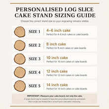 Load image into Gallery viewer, Personalised log Slice Cake Stand, XXL size- Engraved Rustic wooden Wedding Display stand, Personalized Engraved log, Boho Dessert Board