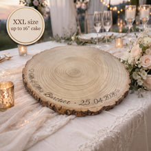 Load image into Gallery viewer, Personalised log Slice Cake Stand, XXL size- Engraved Rustic wooden Wedding Display stand, Personalized Engraved log, Boho Dessert Board