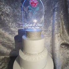 Load and play video in Gallery viewer, Crystal rose Cake topper - red rose design, Engraved Acrylic light-up by Crystal wedding uk
