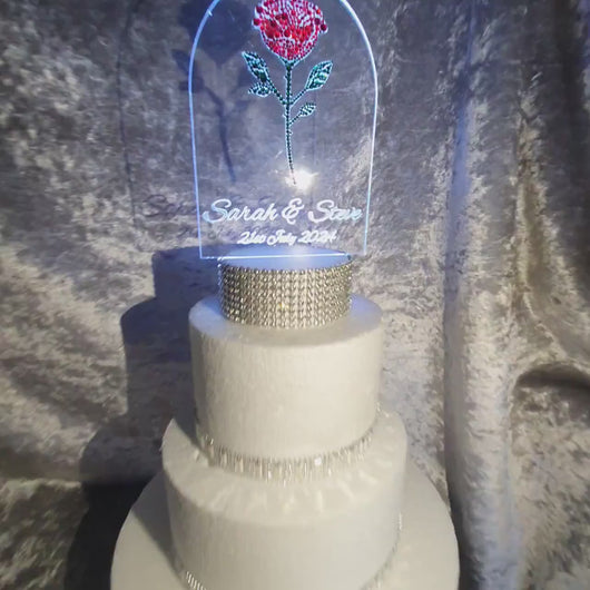 Crystal rose Cake topper - red rose design, Engraved Acrylic light-up by Crystal wedding uk