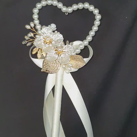Pearl heart  ivory flower wand,pm Premium flower girl wand for bridesmaid wedding by Crystal Wedding UK