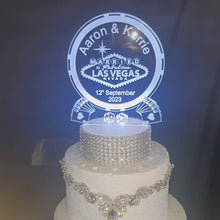 Load and play video in Gallery viewer, LED Wedding Cake topper  LAS VEGAS poker chip design, Engraved Acrylic light-up by Crystal wedding uk
