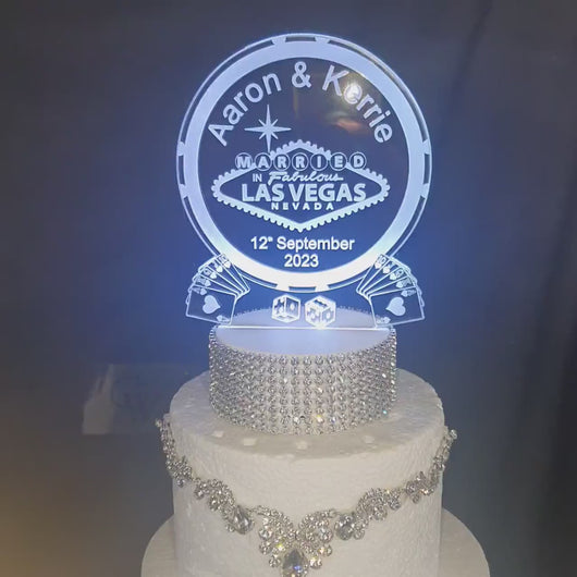 LED Wedding Cake topper  LAS VEGAS poker chip design, Engraved Acrylic light-up by Crystal wedding uk