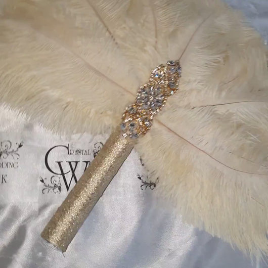 Brides lvory Feather 12in Fan, personalised brooch bouquet,  Alternative  Bouquet artificial by Crystal wedding uk