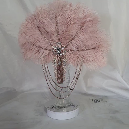 Gold Champagne  feather fan bouquet cascade, pink Great Gatsby wedding style 1920's - any colour as custom made by Crystal wedding uk