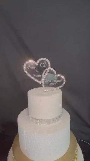 Personalised Crystal heart Cake topper 6'' [ Entwined hearts - personalised cake topper [  bling cake topper [ rhinestone cake topper