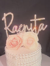 Load and play video in Gallery viewer, Stunning Crystal Cake topper, 6'' in any Letter,personalised name cake topper, rhinestone bling, pearls cake topper