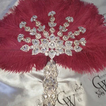 Load and play video in Gallery viewer, Burgundy wine feather fan bouquet, Great Gatsby wedding style 1920's - any colour as custom made by Crystal wedding uk