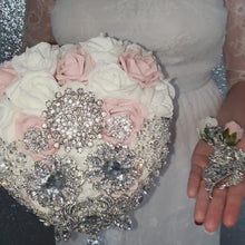 Load and play video in Gallery viewer, Heart shape brooch bouquet   plus  groom buttonhole artificial ,wedding flowers by Crystal wedding uk