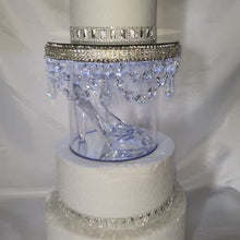 Load and play video in Gallery viewer, Glass slipper cake separator shoe, LED wedding  cake divider chandelier shoe cake stand by Crystal wedding uk