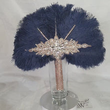 Load and play video in Gallery viewer, Wedding feather fan, Navy brides ostrich fan, wedding hand fan, Great Gatsby  any colour as custom made by Crystal wedding uk
