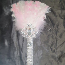 Load and play video in Gallery viewer, Bridesmaid Feather Fan bouquet, flower girl wand, Great Gatsby 1920's wedding - ANY COLOUR by Crystal wedding uk