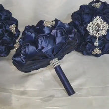 Load and play video in Gallery viewer, BROOCH BOUQUET  brooch bouquet navy fabric flower Alternative jewel wedding bouquet. - Silver, rose gold or Gold tone by Crystal wedding uk