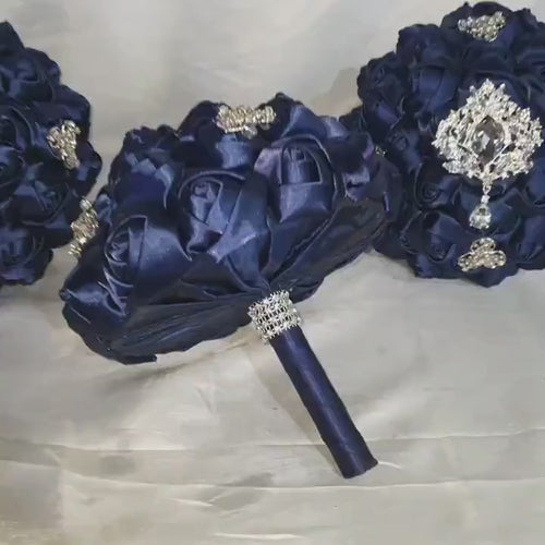 BROOCH BOUQUET  brooch bouquet navy fabric flower Alternative jewel wedding bouquet. - Silver, rose gold or Gold tone by Crystal wedding uk