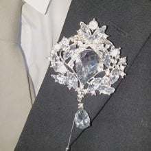 Load and play video in Gallery viewer, Groom Boutonniere, buttonhole. Ladies dress corsage,  Silver brooch rhinestone drop, Wedding Buttonhole Pin. by Crystal wedding uk