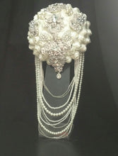 Load image into Gallery viewer, Crystal and pearl  brooch bouquet with pearl  &amp; rhinestone drape by Crystal wedding uk
