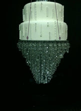 Load image into Gallery viewer, Suspended  chandelier cake  platform plexi glass ,cake Swing,   gold, rose gold or  silver, Faux  crystal beads + L.E.D lights