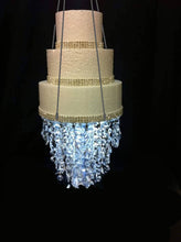 Load image into Gallery viewer, Suspended  chandelier cake  platform plexi glass ,cake Swing,   gold, rose gold or  silver, Faux  crystal beads + L.E.D lights