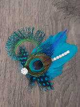 Load image into Gallery viewer, Peacock Sword Feather and Rhinestone  Buttonhole boutonniere,hair clip Wedding
