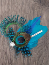 Load image into Gallery viewer, Peacock Sword Feather and Rhinestone Buttonhole boutonniere,hair clip Wedding