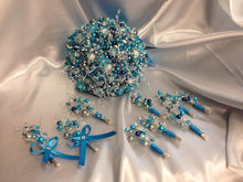 Load image into Gallery viewer, Pearl and crystal wedding bouquet & boutonniere flower girl wand many colours