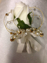 Load image into Gallery viewer, Groom Boutonniere. rose,pearl and crystals. custom Wedding Buttonhole Pin.  Wedding Boutonnière by Crystal wedding uk