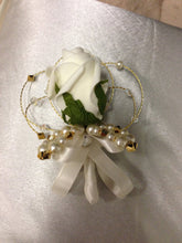 Load image into Gallery viewer, Groom Boutonniere. rose,pearl and crystals. custom Wedding Buttonhole Pin.  Wedding Boutonnière by Crystal wedding uk
