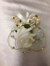 Load image into Gallery viewer, Groom Boutonniere. rose,pearl and crystals. custom Wedding Buttonhole Pin.  Wedding Boutonnière by Crystal wedding uk