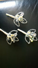 Load image into Gallery viewer, Crystal and pearl buttonhole  with Ab crystals  for a Winter wedding