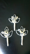 Load image into Gallery viewer, Crystal and pearl buttonhole  with Ab crystals  for a Winter wedding
