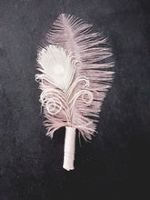 Load image into Gallery viewer, Feather buttonhole Boutonnière , Ostrich, Peacock,    Artificial  alternative  Great Gatsby wedding style -ANY COLOUR by Crystal wedding uk