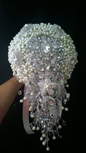 Load image into Gallery viewer, Pearl cascade brooch bridal wedding bouquet 6" x 12"