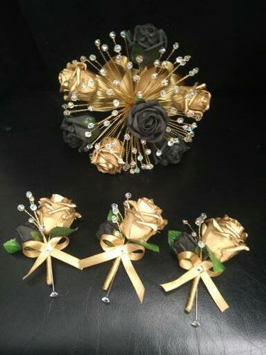 Black gold bouquet , Gatsby style,Rose & crystalwire bouquet, artificial Wedding bridal flowers by Crystal wedding uk