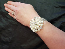 Load image into Gallery viewer, Wrist corsage ,Crystal & Pearl Wedding Cuff, bridesmaid Bracelet, silver. gold or rose gold tone