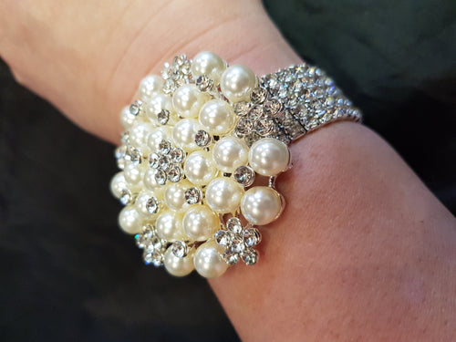 Wrist corsage ,Crystal & Pearl Wedding Cuff, bridesmaid Bracelet,  silver. gold or rose gold tone