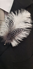 Load image into Gallery viewer, Feather buttonhole Boutonnière , Ostrich and Guinea Fowl Spotted Feathers by Crystal wedding uk
