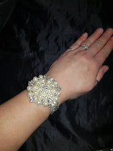Load image into Gallery viewer, Wrist corsage ,Crystal &amp; Pearl Wedding Cuff, bridesmaid Bracelet,  silver. gold or rose gold tone
