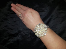 Load image into Gallery viewer, Wrist corsage ,Crystal & Pearl Wedding Cuff, bridesmaid Bracelet, silver. gold or rose gold tone